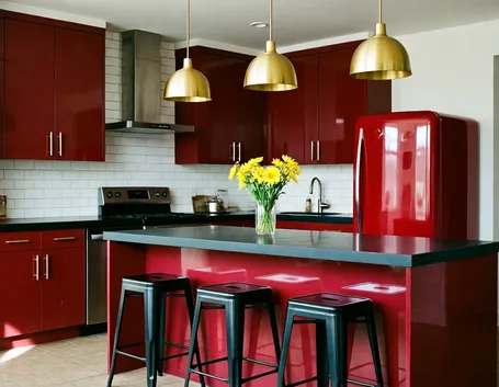 Frigorifero rosso intonato con la cucina