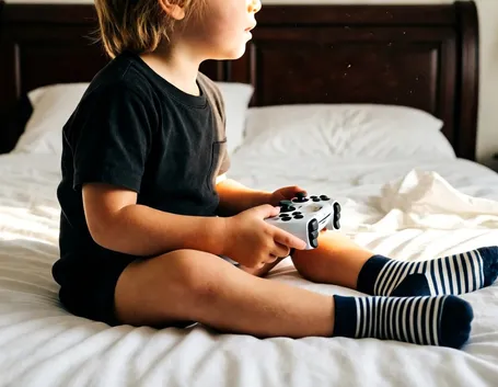 Bambina che gioca sul letto